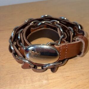 Brown and Silver Jump Ring Leather Belt.